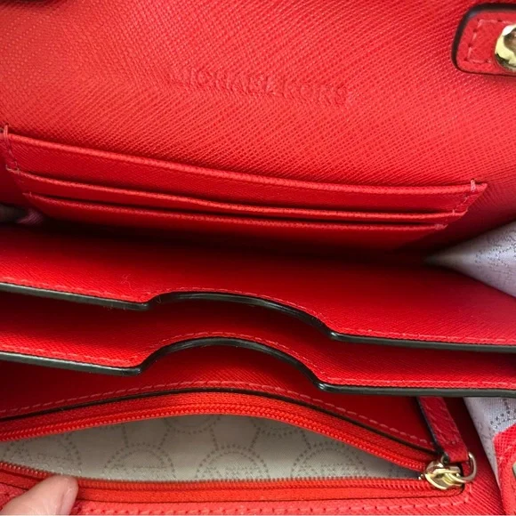 Michael Kors Cherry Red Mini Crossbody Bag with Gold Chain Everyday Casual Purse - Picture 10 of 12